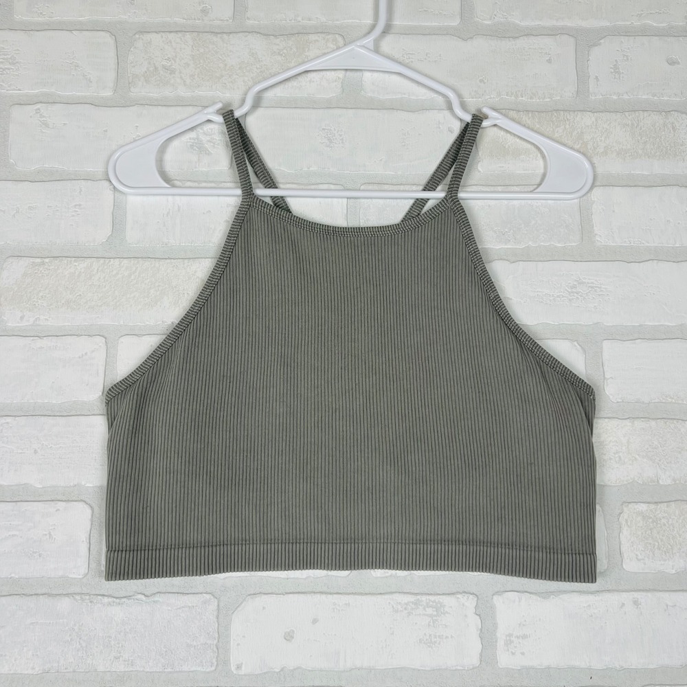 JoyLab Womens Ribbed Cropped Tank Sports Bra Gray Strappy Back Size M/L
